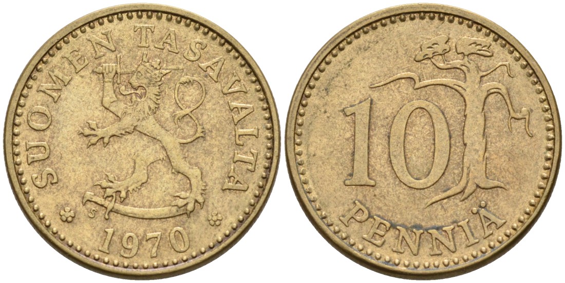 ФИНЛЯНДИЯ 10 ПЕННИ 1970 S KM 46 алюминиевая бронза 192-1034