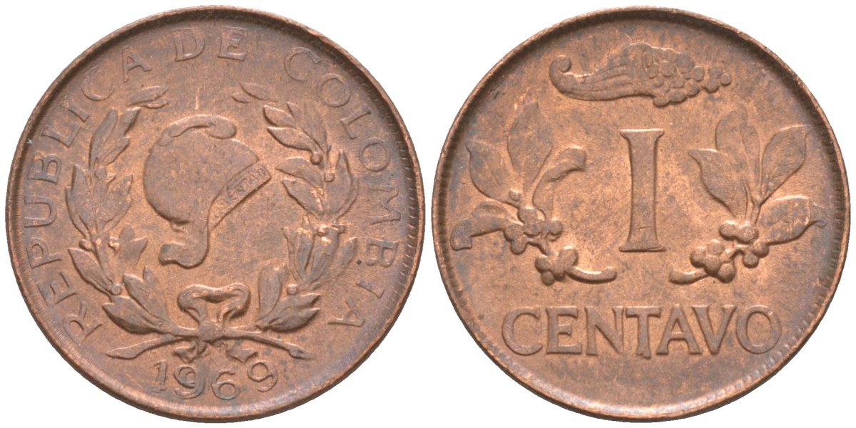 Колумбия 1 сентаво 1969 KM 205а сталь плакированная медью 187-421