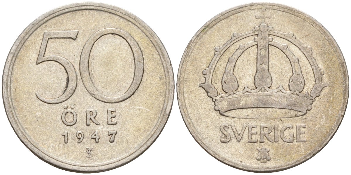 Швеция 50 эре 1947 TS, Густав V (1907-1950) KM 817 серебро 4148-856