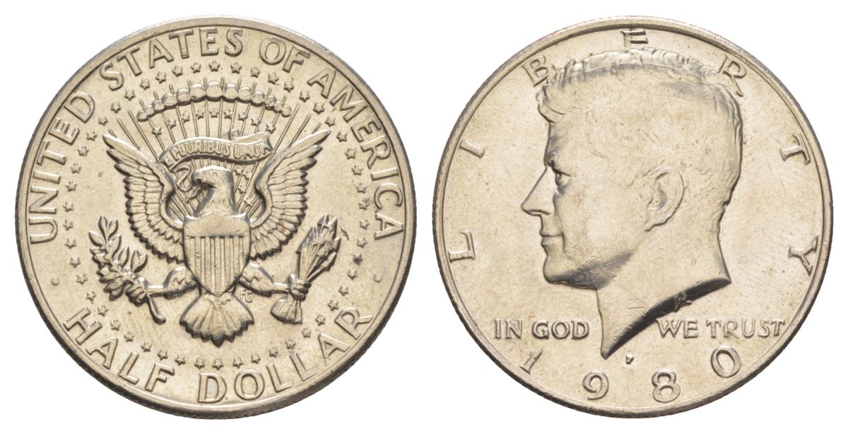 США 1/2 доллара (50 центов) 1980 P, Джон Кеннеди KM A202b медь плакированная медно-никелем aUNC 4517-443