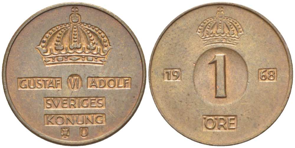 Швеция 1 эре 1968 U, Густав VI Адольф (1950-1973) KM 820 бронза 4516-429