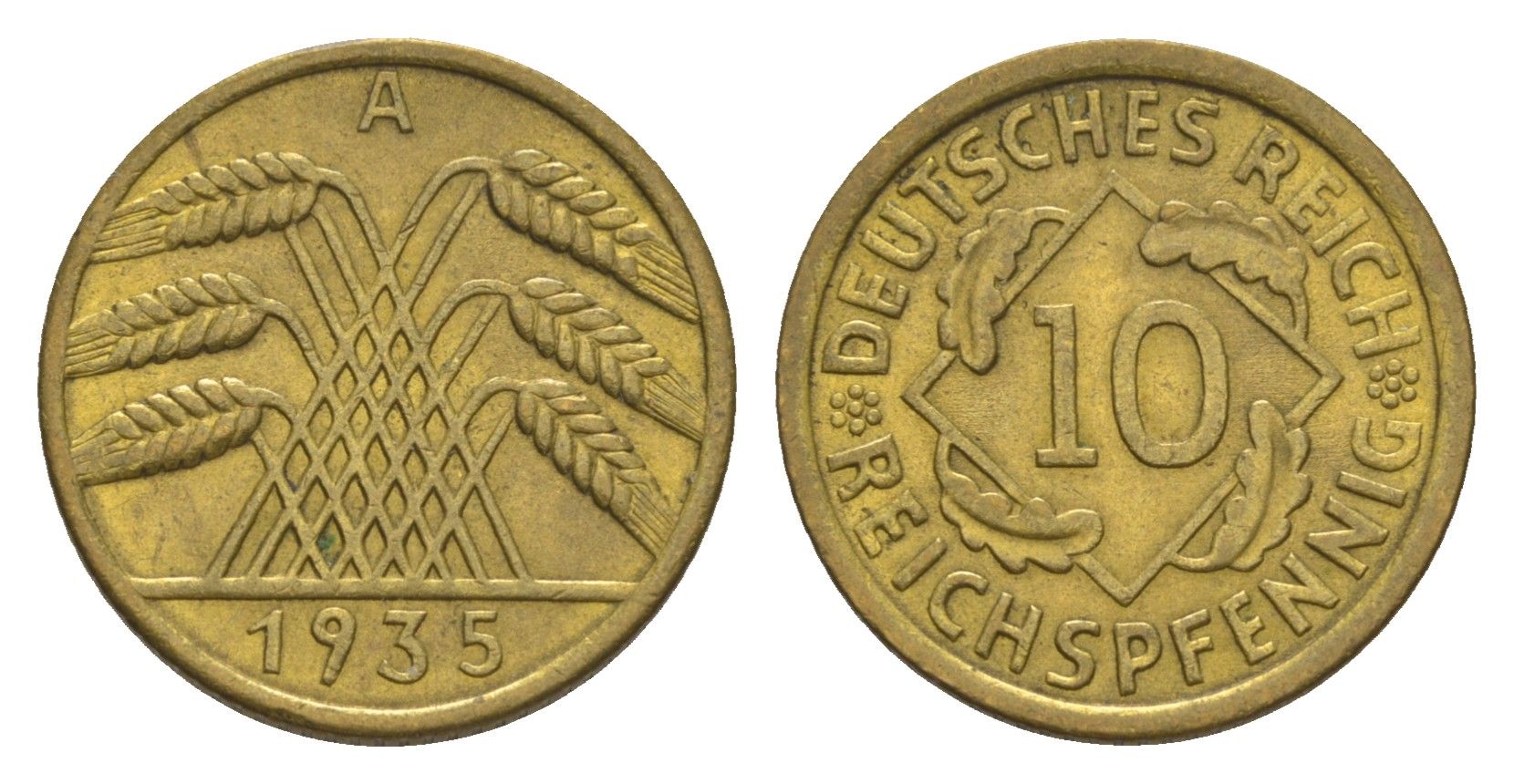 Германия 10 рейхспфеннигов 1935 A KM 40, J. 317 алюминиевая бронза UNC 4615-151