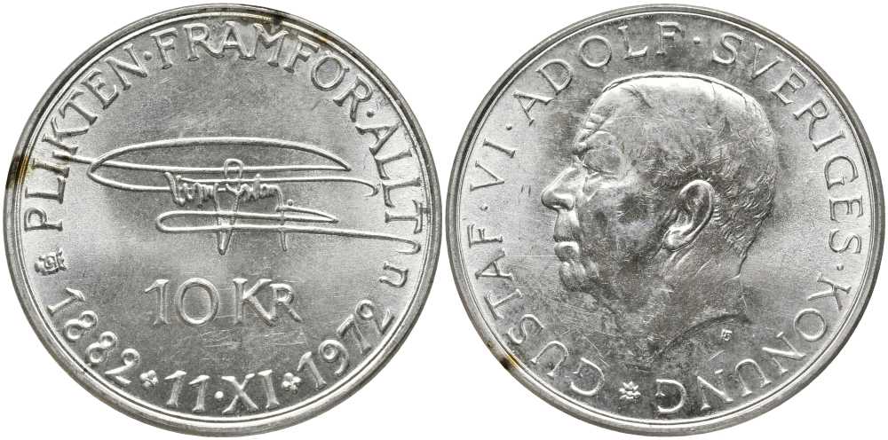 Швеция 10 крон 1972 U, 90 лет со дня рождения Густава VI Адольфа KM 847 серебро 180-633