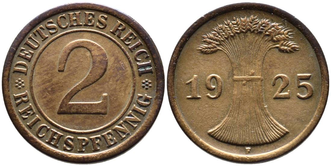 ГЕРМАНИЯ 2 РЕЙХСПФЕННИГА 1925 F, ВЕЙМАРСКАЯ РЕСПУБЛИКА (1919-1933) KM 38, Jager 314, Weege 4 бронза 4546-836