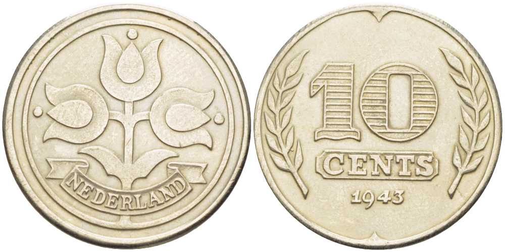 НИДЕРЛАНДЫ 10 ЦЕНТОВ 1943 РЕСТРАЙК, ДИАМЕТР 22,5 ММ. белый металл UNC 212-1014
