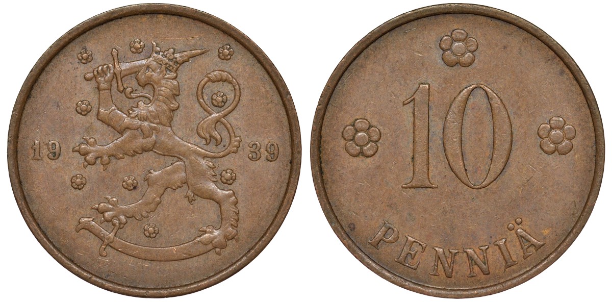 Финляндия 10 пенни 1939 KM 24 медь 51-3124