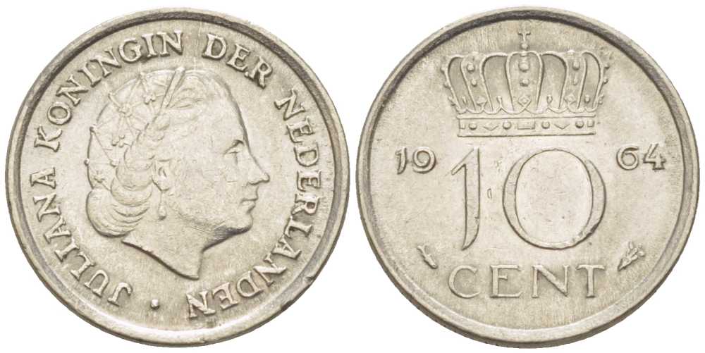 НИДЕРЛАНДЫ 10 ЦЕНТОВ 1964 ЮЛИАНА (1948-1980) KM 182 никель 214-1213