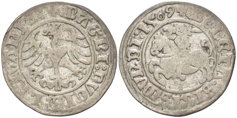 Польша 1/2 гроша (полугрош) 1509 Сигизмунд I Старый (1506-1548), вес 1,15 гр. серебро 1517-231