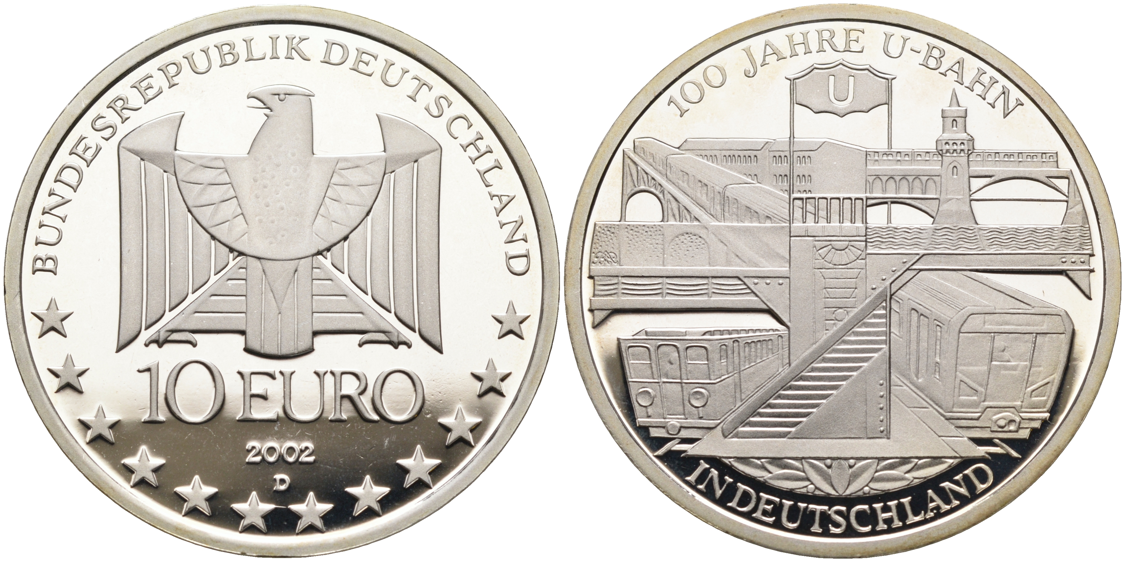 ФРГ 10 евро 2002 D, 100 лет немецкому метро KM 216, DE.S. 10.2 серебро PROOF 02-070-14