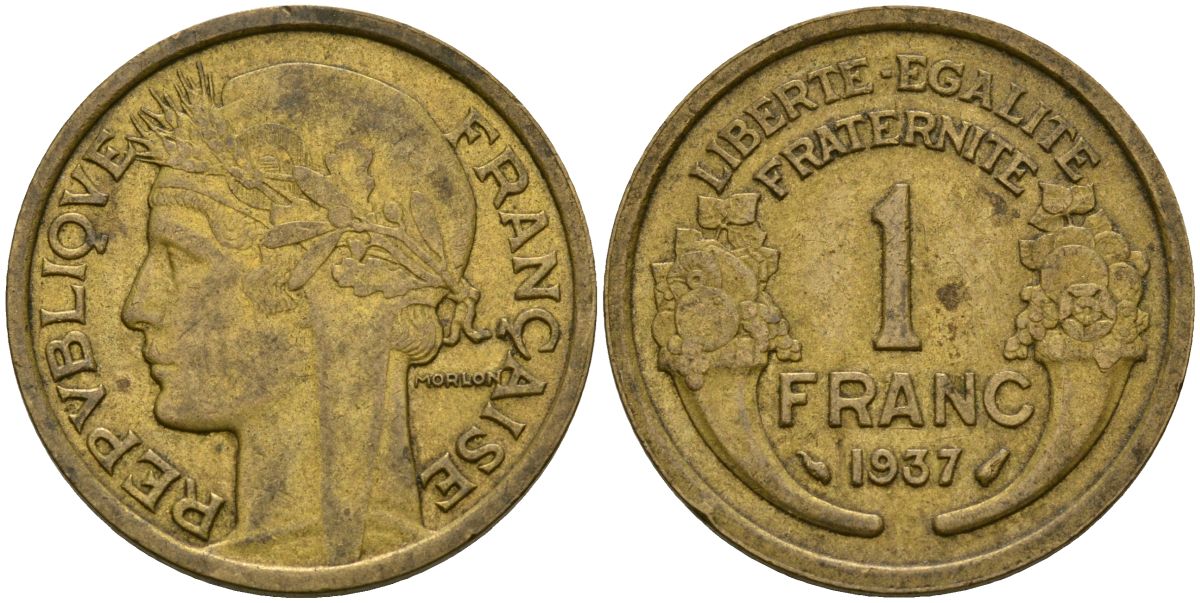 Франция 1 франк 1937 KM 885 алюминиевая бронза 4135-353