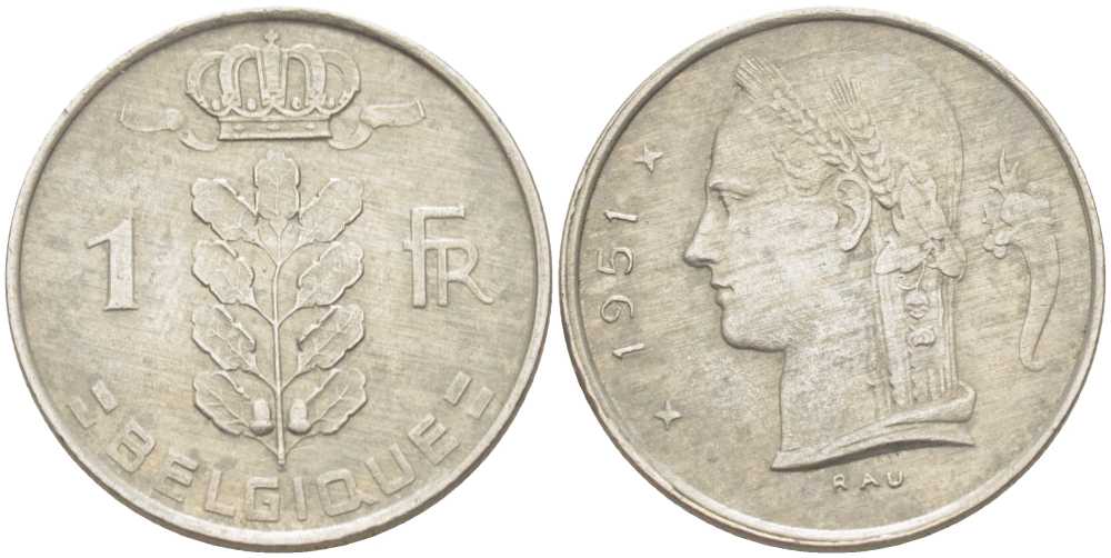 БЕЛЬГИЯ 1 ФРАНК 1951 BELGIQUE, БОДУЭН I (1951-1993) KM 142.1 медно-никель 213-454