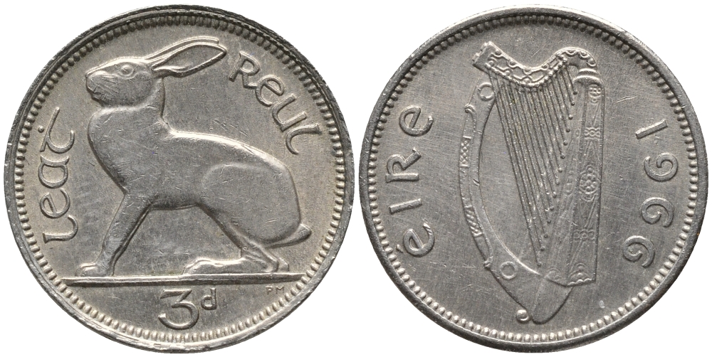 Ирландия 3 пенса 1966 заяц KM 12а медно-никель 4387-1045