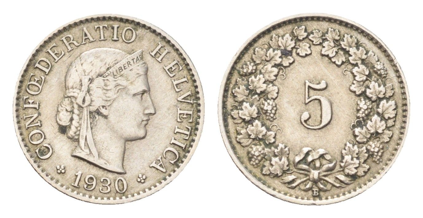 Швейцария 5 раппенов 1930 B KM 26 медно-никель 4705-1225