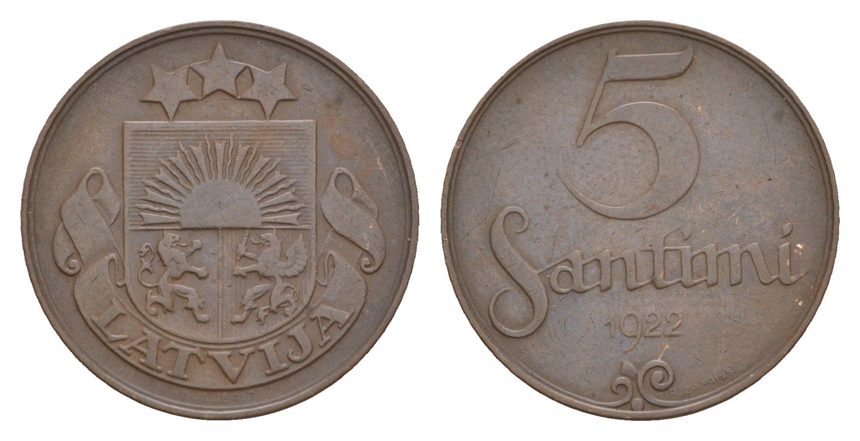 Латвия 5 сантимов 1922 KM 3 бронза 4658-1211