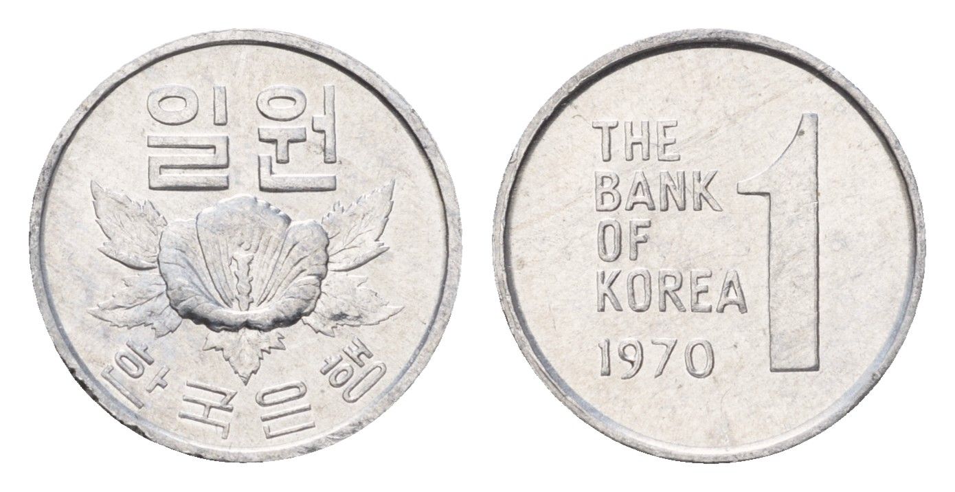 Южная Корея 1 вона 1970 роза шарона KM 4a алюминий UNC 4685-553