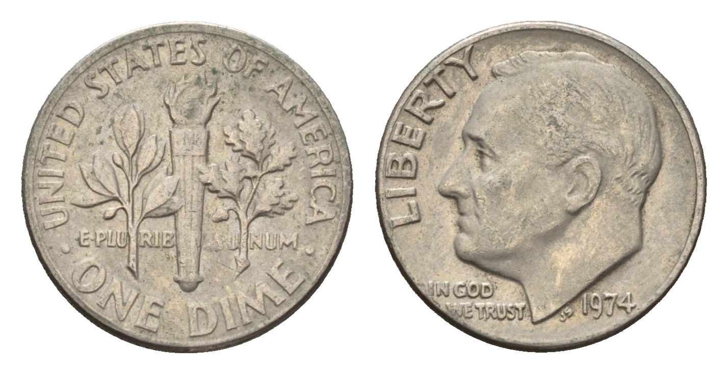 США 10 центов (дайм) 1974 Рузвельт KM 195a медь плакированная медно-никелем 4674-544