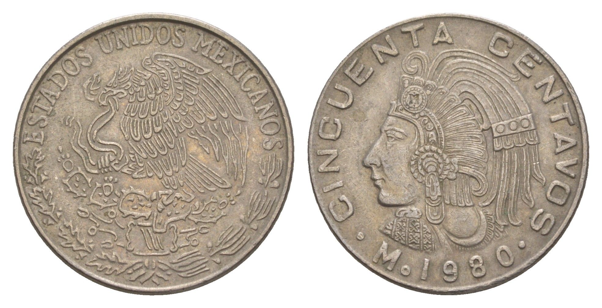 Мексика 50 сентаво 1980 Куаутемок, последний правитель империи ацтеков KM 452 медно-никель 4656-1215
