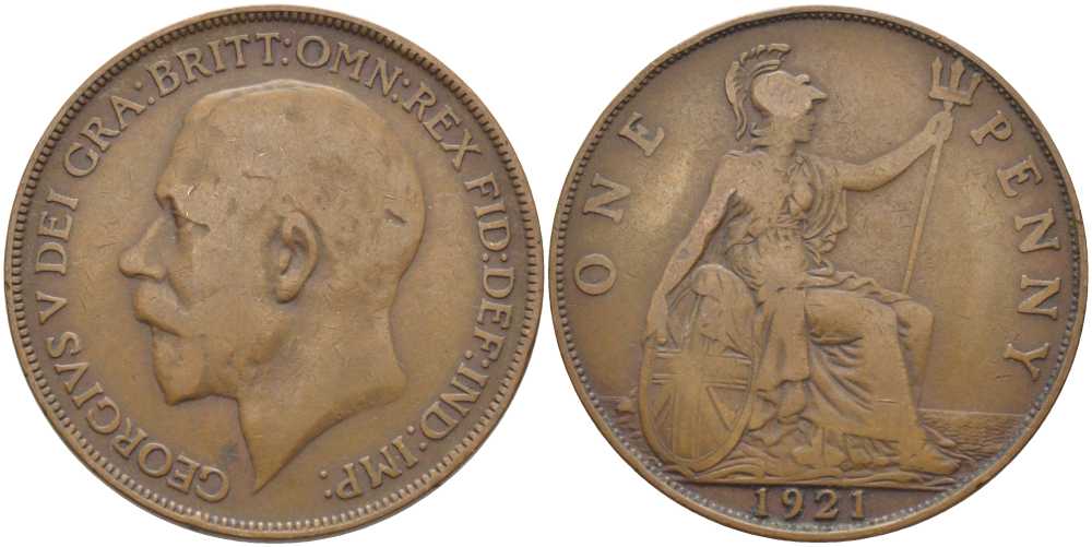 Великобритания 1 пенни 1921 Георг V (1910-1936) KM 810, Spink 4051 бронза 115-221