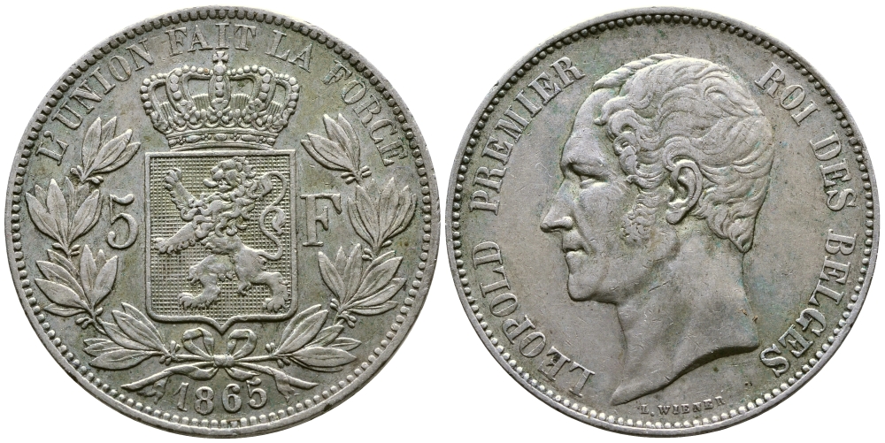 Бельгия 5 франков 1865 Леопольд I (1831-1865) KM 17 серебро 00-1067-6-24