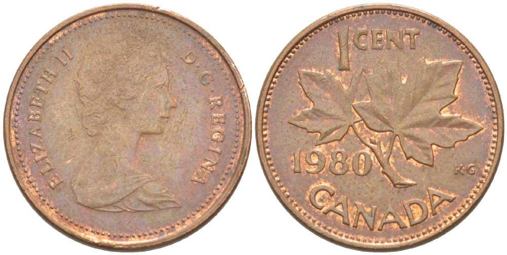 Канада 1 цент 1980 Елизавета II (1952-2022), кленовый лист KM 127 бронза 4181-1257