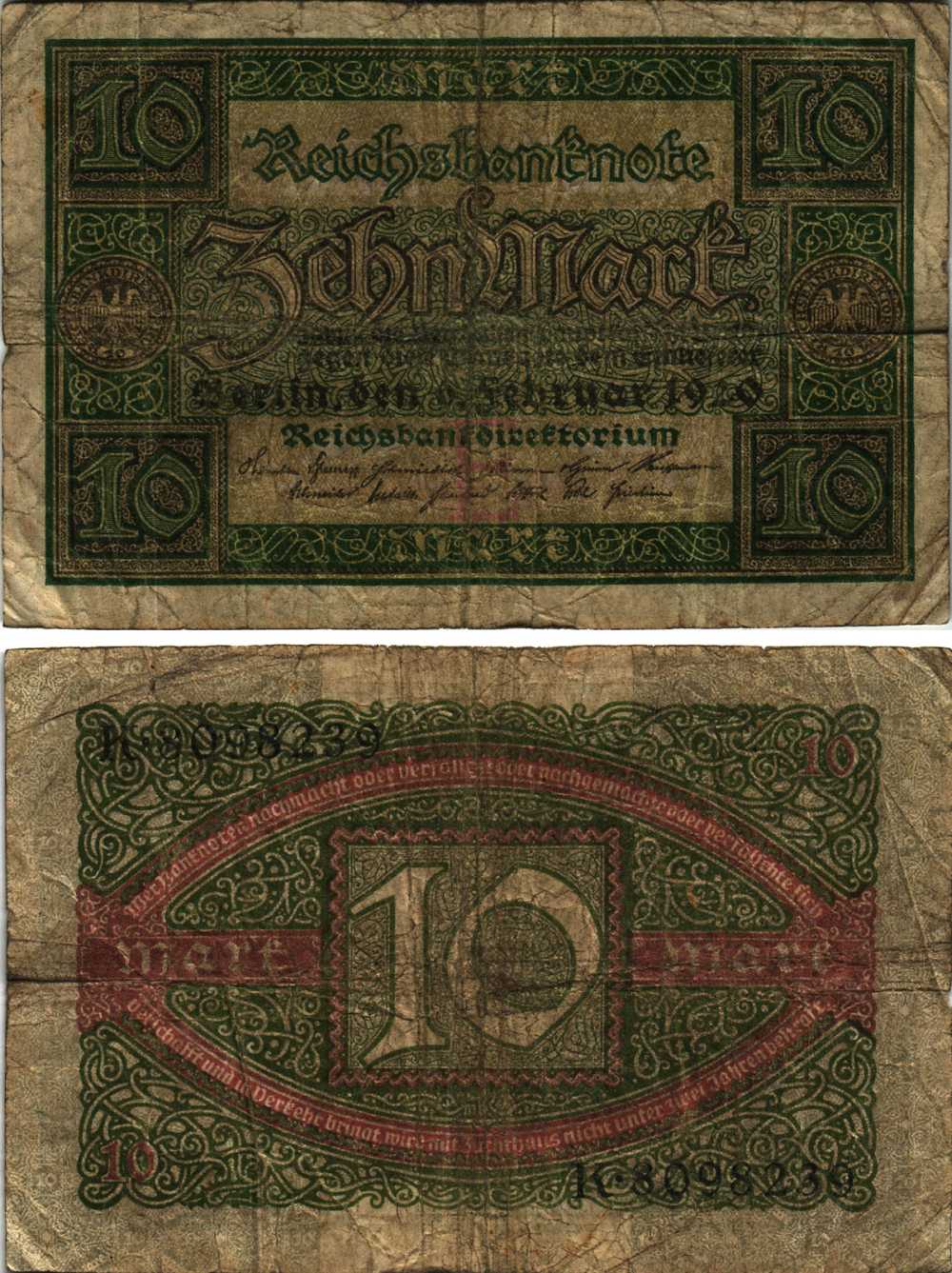 ГЕРМАНИЯ 10 МАРОК 1920 6 ФЕВРАЛЯ 1920, БУКВА E, СЕРИЯ K, СЕМЬ ЦИФР В НОМЕРЕ СЕРИИ Pick 67a, Rosenberg 63а бумага 8609-46-1