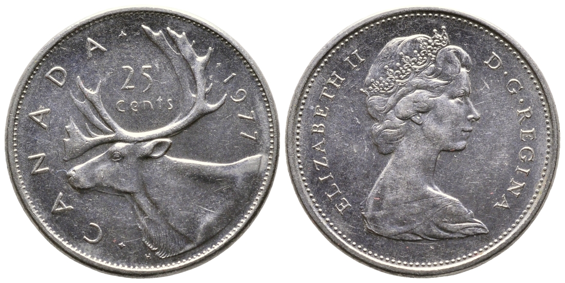 Канада 25 центов 1977 Елизавета II (1952-2022), олень карибу KM 62b никель 4364-2023