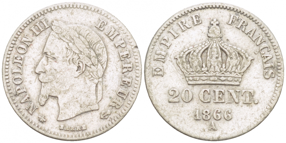 ФРАНЦИЯ 20 САНТИМОВ 1866 А KM 805.1 серебро 1515-331