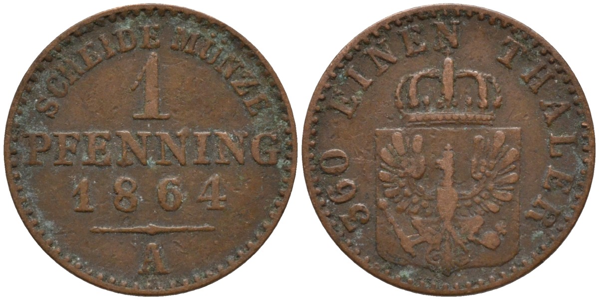 Пруссия 1 пфенниг 1864 А, Вильгельм I (1861-1888) KM 480 медь 4532-437