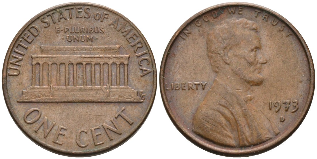 США 1 цент 1973 D, Линкольн КМ 201 медь цинк 4567-611