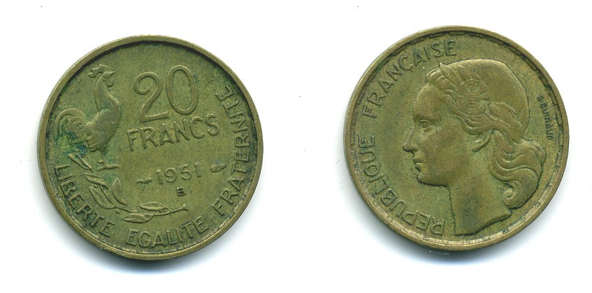 ФРАНЦИЯ 20 ФРАНКОВ 1951 B, ПЕТУХ, 4 ПЕРА KM 917.2, LE FRANC 402.8 алюминиевая бронза 84-823