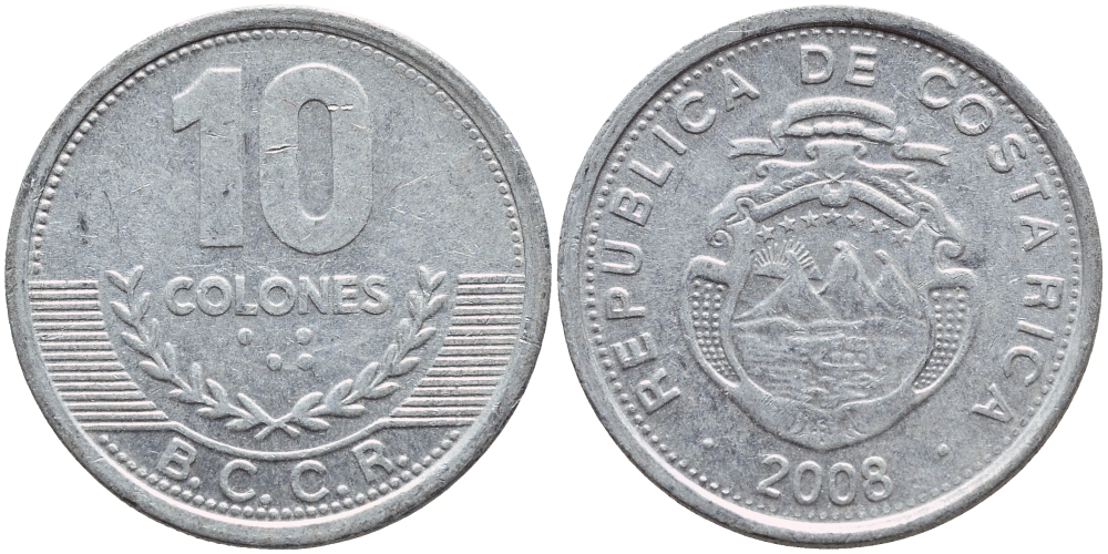 КОСТА-РИКА 10 КОЛОН 2008 B.C.C.R. KM 228b алюминий 51-2444