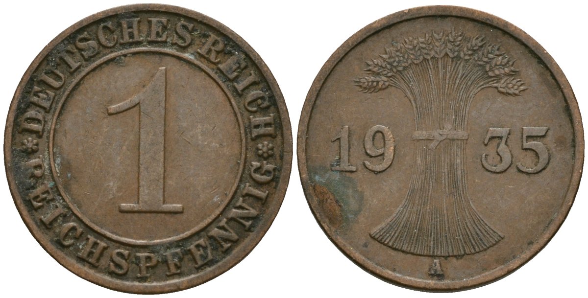 Германия 1 рейхспфенниг 1935 A KM 37, J. 313 бронза 4189-1264