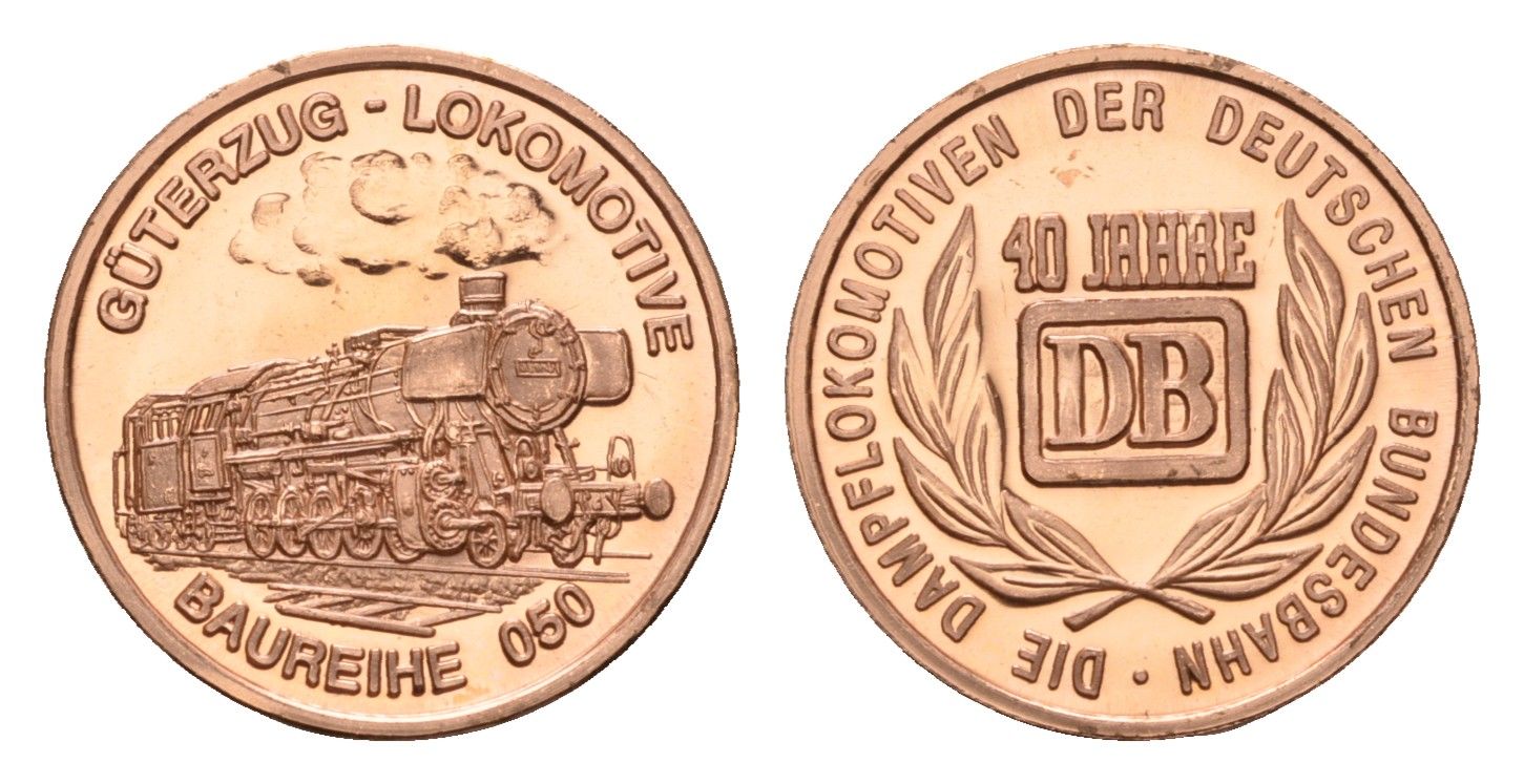ФРГ медаль из серии 40 лет Bundesbahn (Бундесбан) - Guterzug-Lokomotive (Baureihe 080) 1989 государственные железные дороги, диаметр 18 мм, вес 2,3 гр алюминий плакированный медью UNC 4685-735