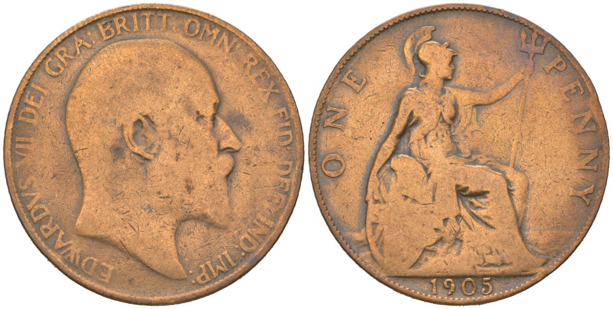 Великобритания 1 пенни 1905 Эдуард VII (1901-1910) KM 794.2, Spink 3990 бронза 221-1233