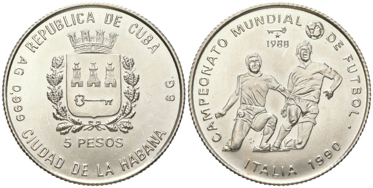 Куба 5 песо 1988 Чемпионат мира по футболу 1990, Италия KM 216 серебро UNC 38-621