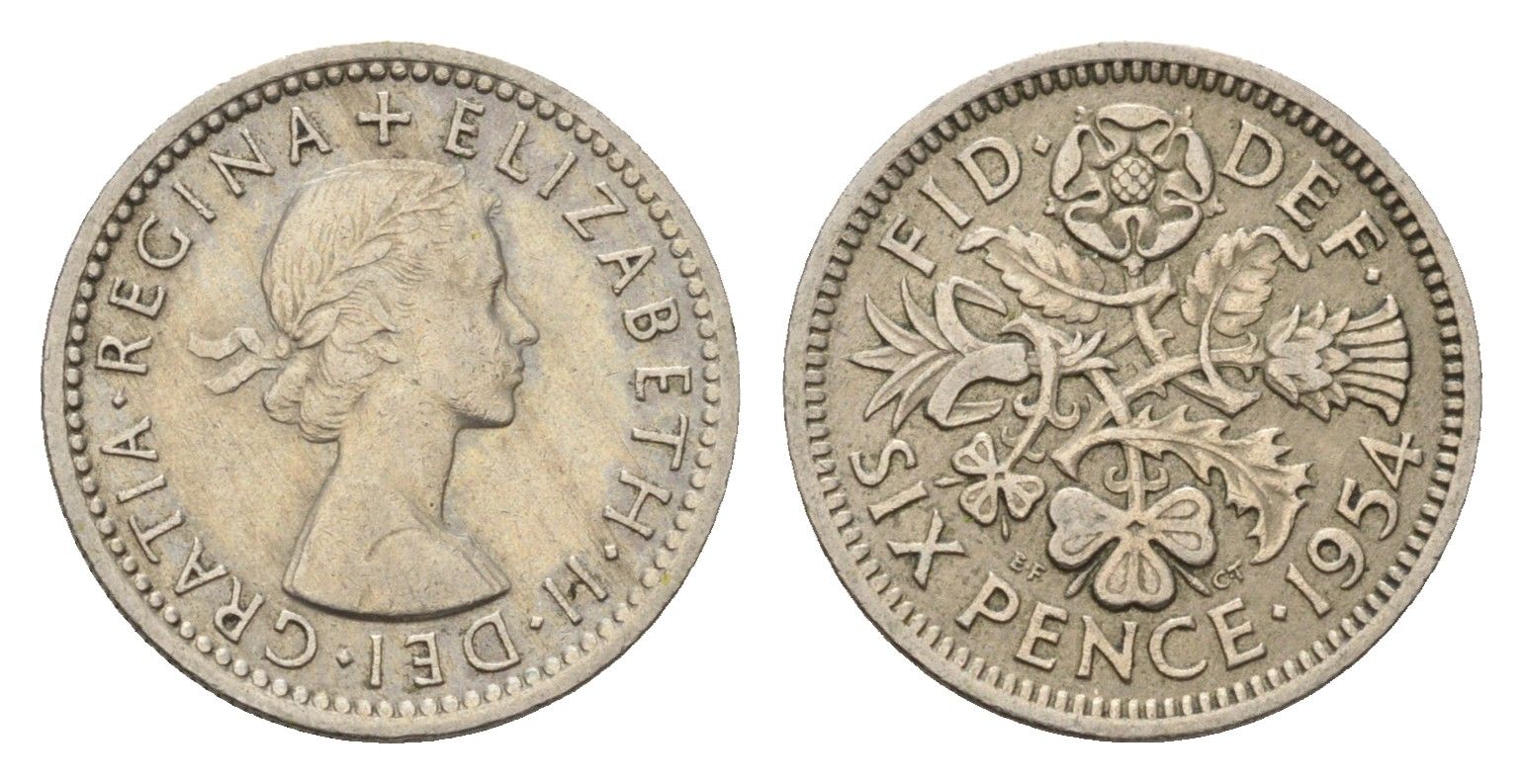 Великобритания 6 пенсов 1954 Елизавета II (1952-2022) KM 903, Spink 4149 медно-никель 100-354