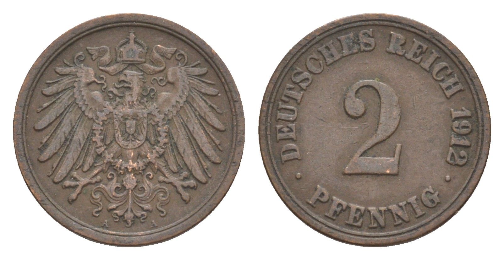 Германия 2 пфеннига 1912 A, Вильгельм II (1888-1918) KM 16, J. 11, Weege 4 медь 4639-1219