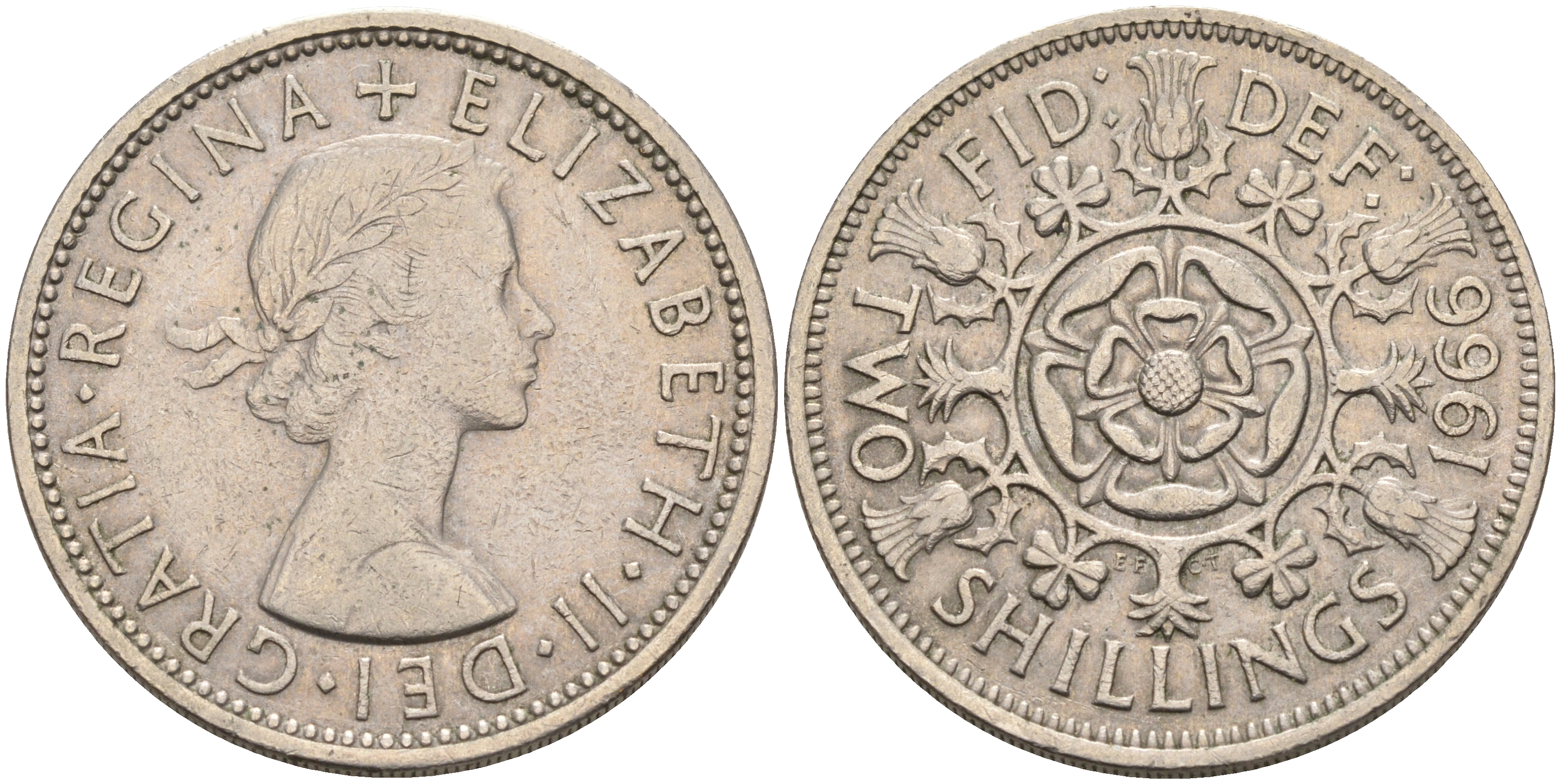 Великобритания 2 шиллинга (флорин) 1966 Елизавета II (1952-2022) KM 906, Spink 4146 медно-никель    4117-431