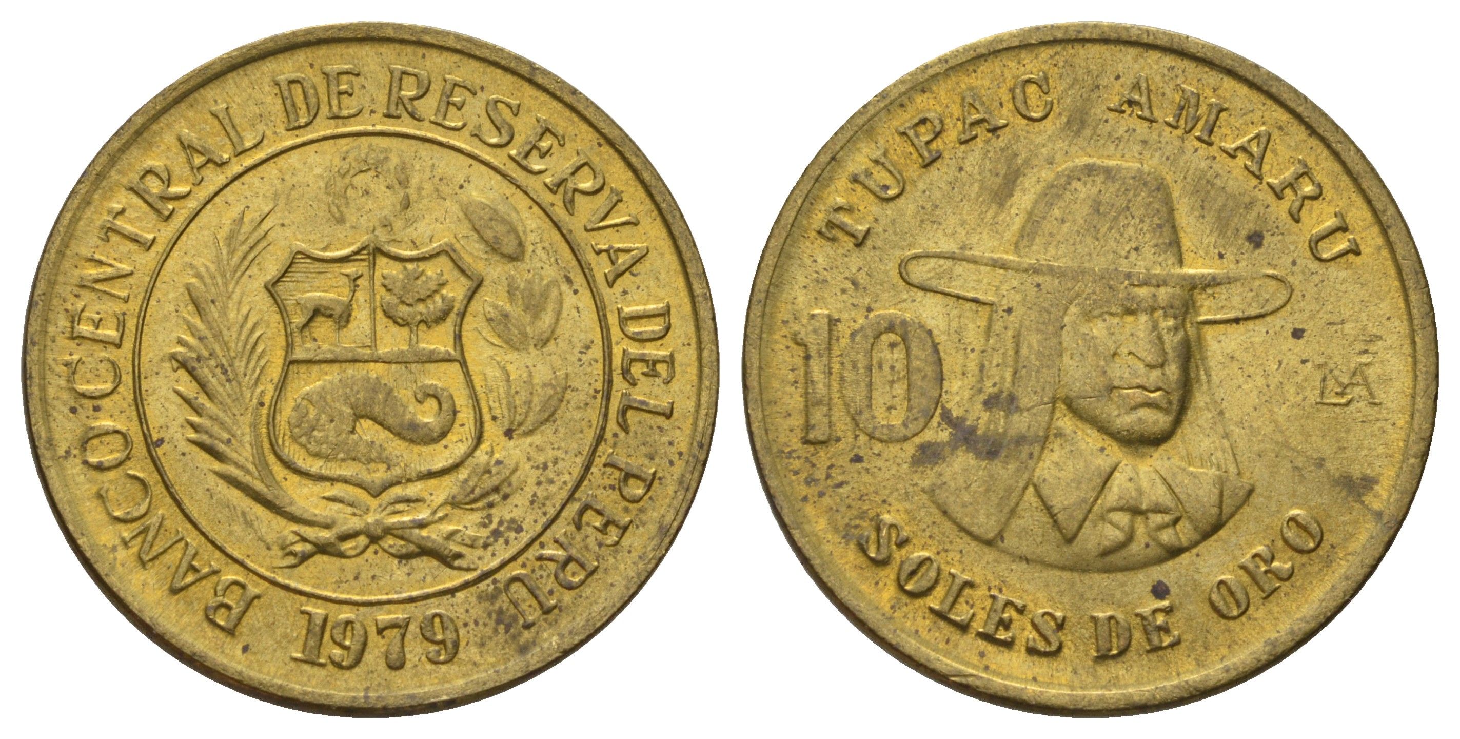 Перу 10 солей 1979 Тупак Амару II KM 272 латунь UNC 4390-254