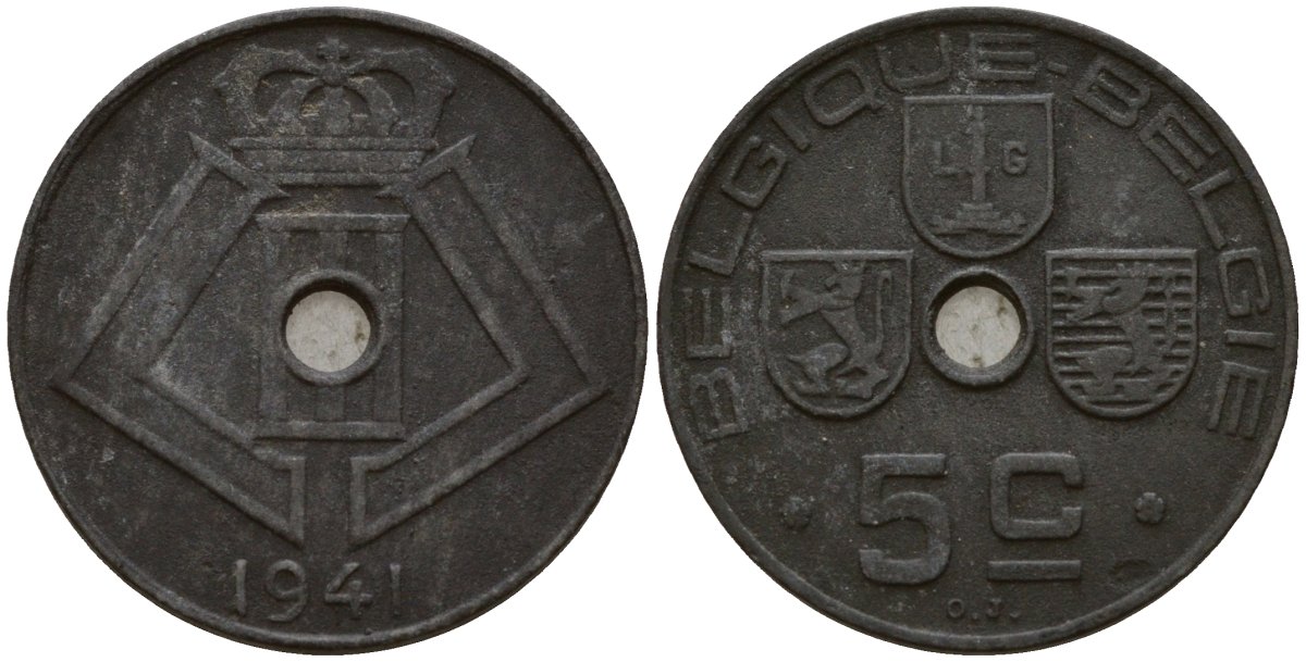 Бельгия 5 сантимов 1941 Belgique - Belgie, Леопольд III (1934-1947), германская оккупация, Вторая мировая война KM 123 цинк 4160-1118