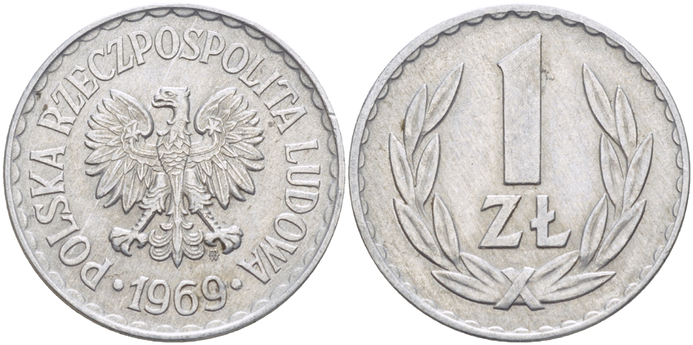 ПОЛЬША 1 ЗЛОТЫЙ 1969 MW KM 49.1, Parchimowicz 213f алюминий XF 216-816