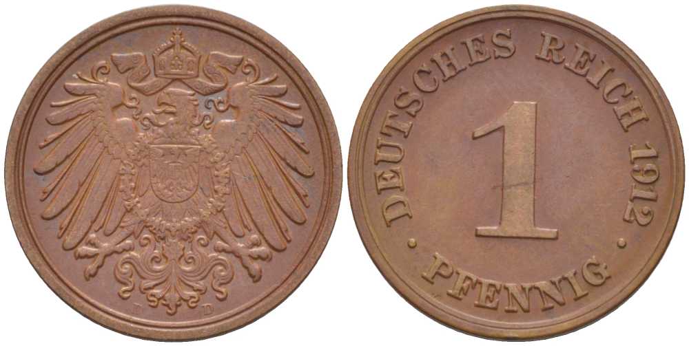 ГЕРМАНИЯ 1 ПФЕННИГ 1912 D KM 10, J. 10, Weege 2 медь 211-457