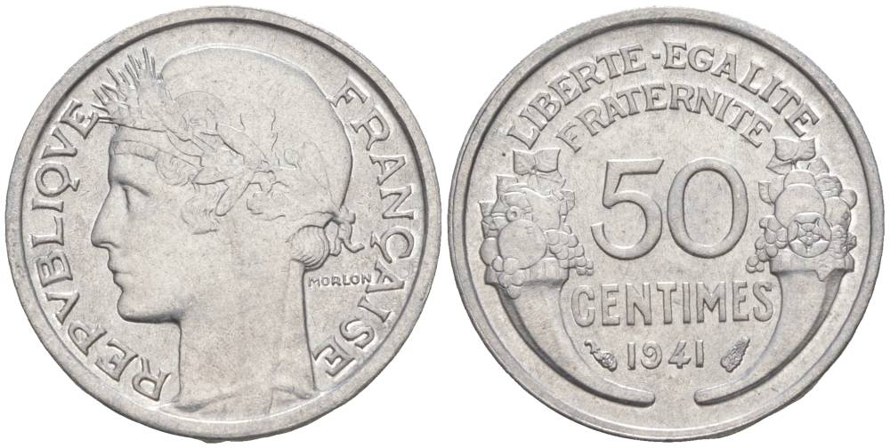 ФРАНЦИЯ 50 САНТИМОВ 1941 ТИП MORLON LOURDE KM 894.1a, LE FRANC 193.2 алюминий 44-241