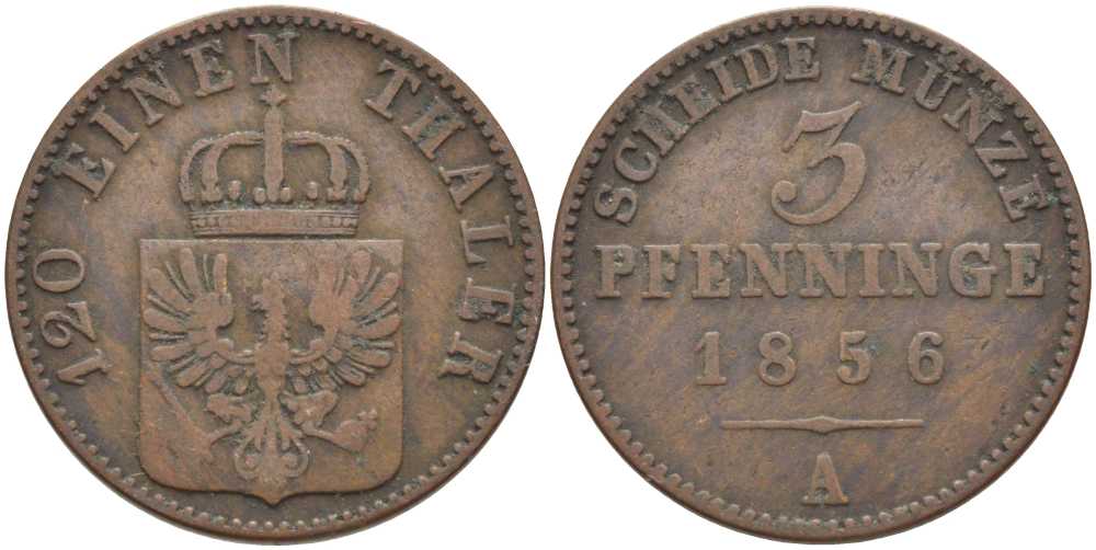 ПРУССИЯ 3 ПФЕННИГА 1856 А, ФРИДРИХ ВИЛЬГЕЛЬМ (1840-1861) KM 453 медь 117-1042