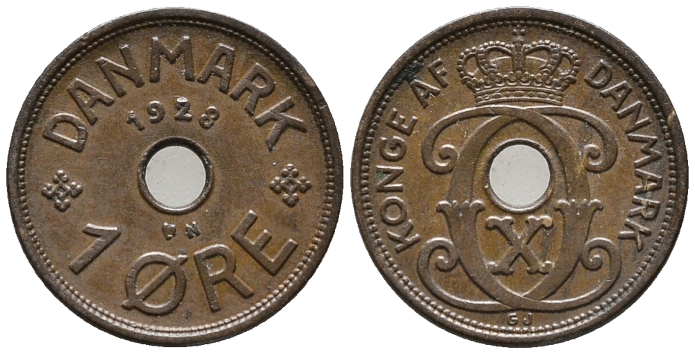 ДАНИЯ 1 ЭРЕ 1928 N; GJ, КРИСТИАН X (1912-1947) KM 826.2 бронза 66-155