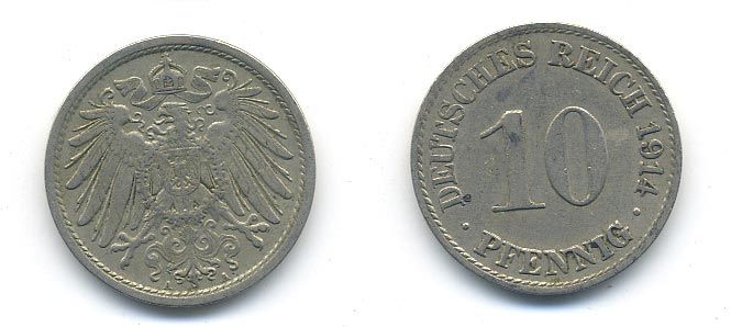 ГЕРМАНИЯ 10 ПФЕННИГОВ 1914 A KM 12, J. 13 медно-никель 58-414