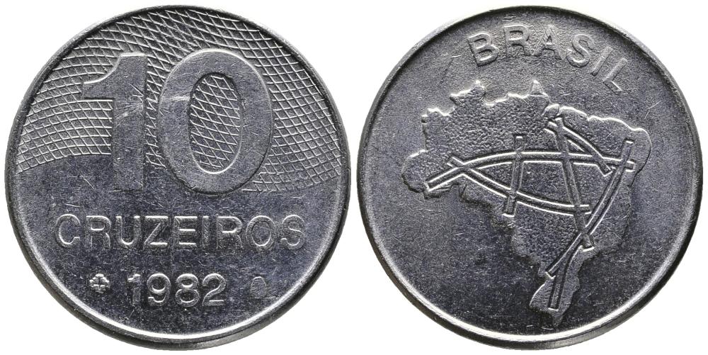 Бразилия 10 крузейро 1982 карта Бразилии KM 592.1 нержавеющая сталь 3336-851