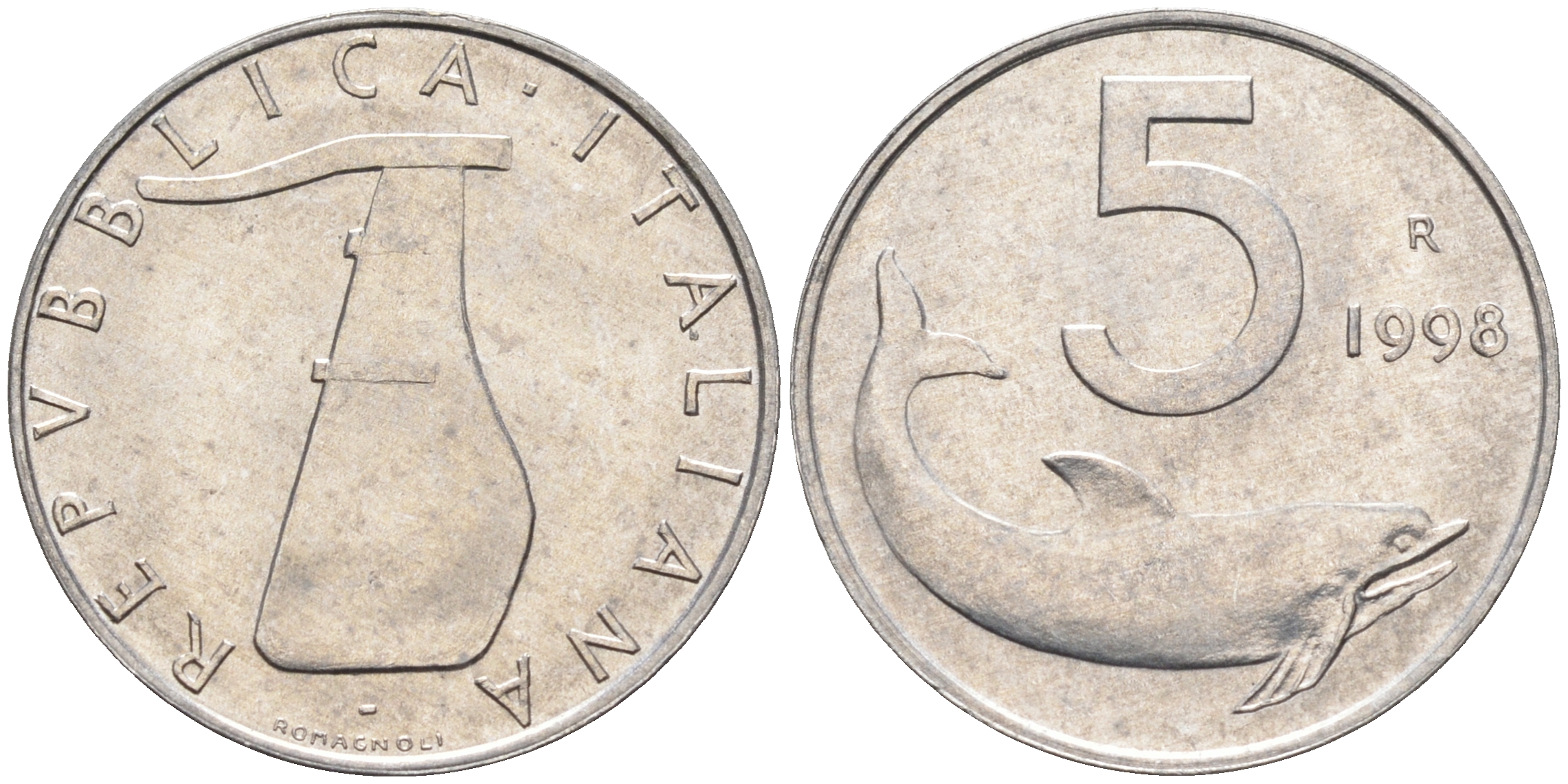 Италия 5 лир 1998 R, дельфин KM 92 алюминий  UNC  4594-1026