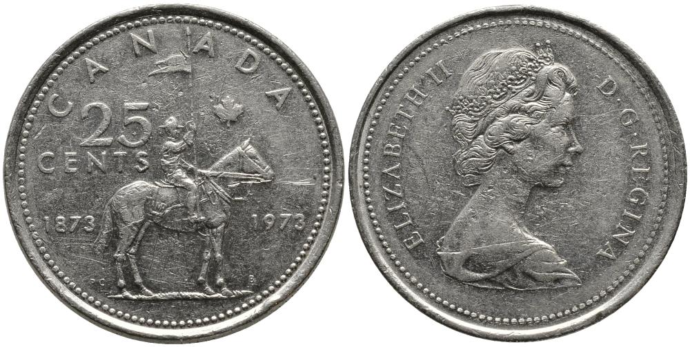 Канада 25 центов 1973 100 лет канадской горной полиции (1873-1973), Елизавета II (1952-2022) KM 81 никель 3336-246