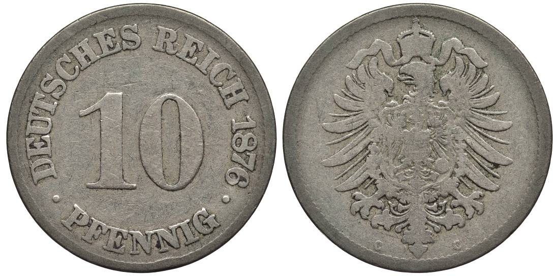 ГЕРМАНИЯ 10 ПФЕННИГОВ 1876 C, СТАРОГЕРБОВКА KM 4, Jager 4, Weege 7 медно-никель 4546-1133